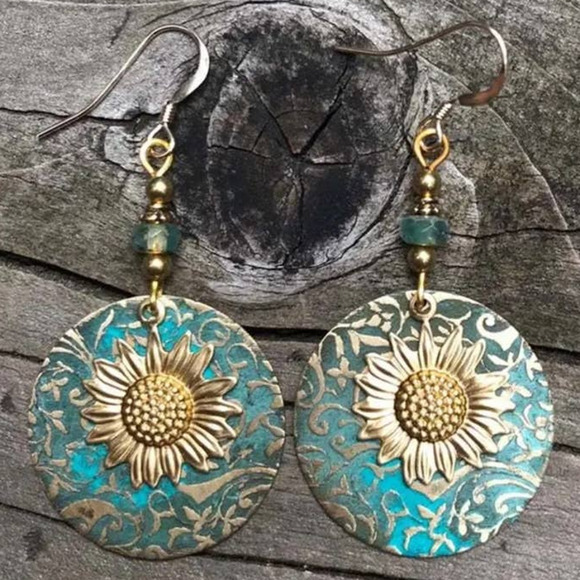 Boho Sunflower Earrings Vintage Engagement Wedding Drop Earrings - Picture 2 of 5